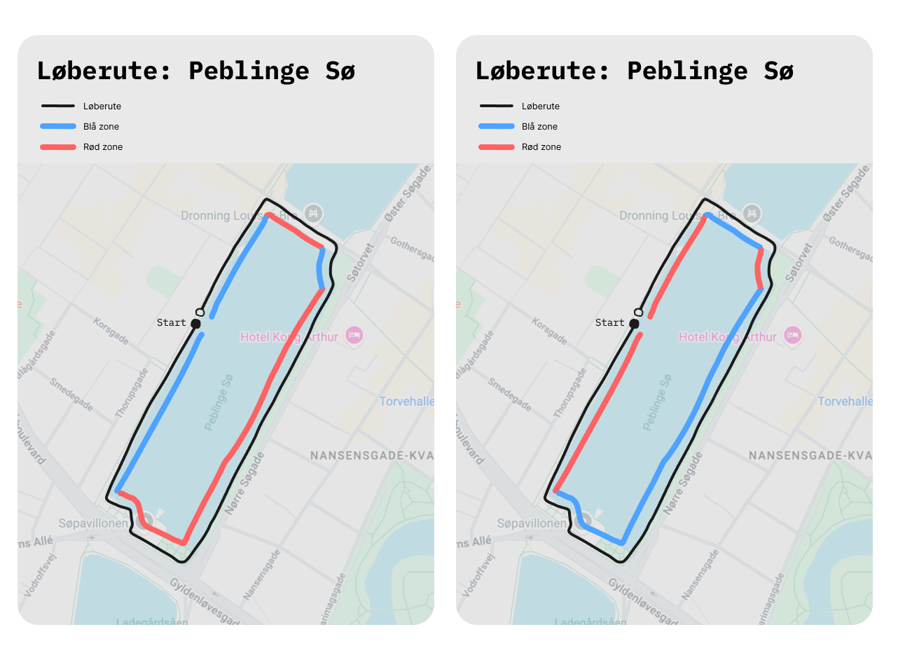 The two zoned route maps of Peblinge Sø